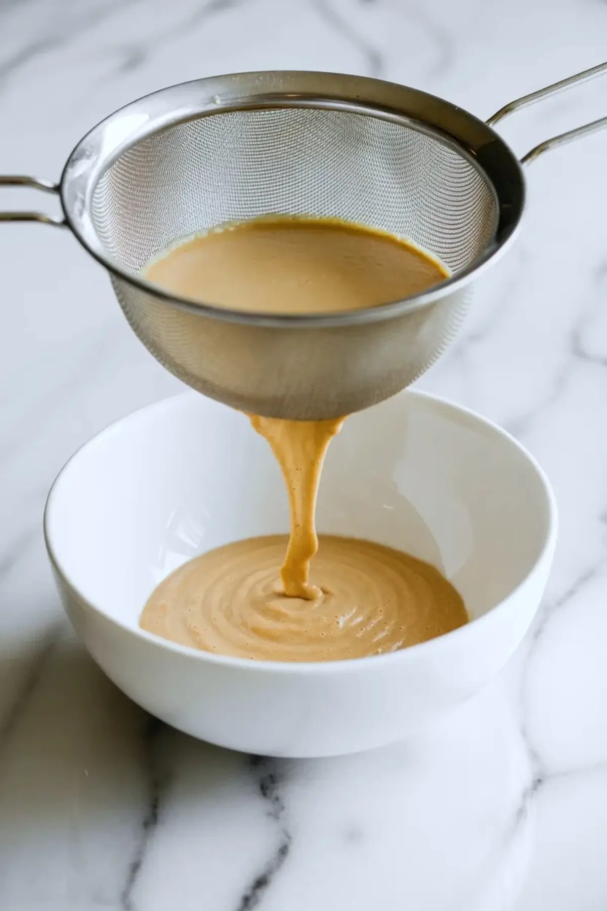 Coffee ice cream base being strained into a bowl for a smoother texture.