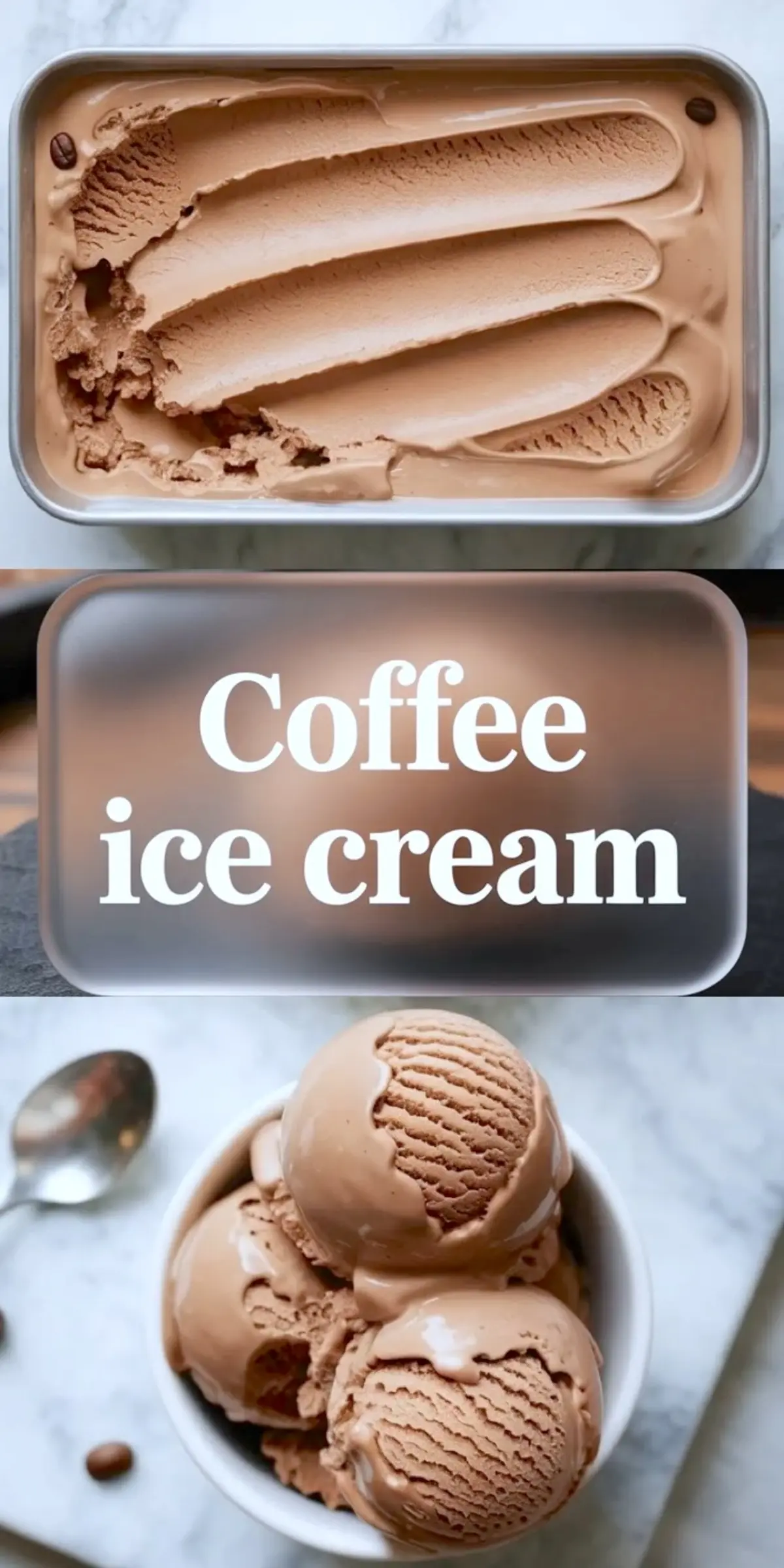 Collage of coffee ice cream with styled scoop shots and close texture views.