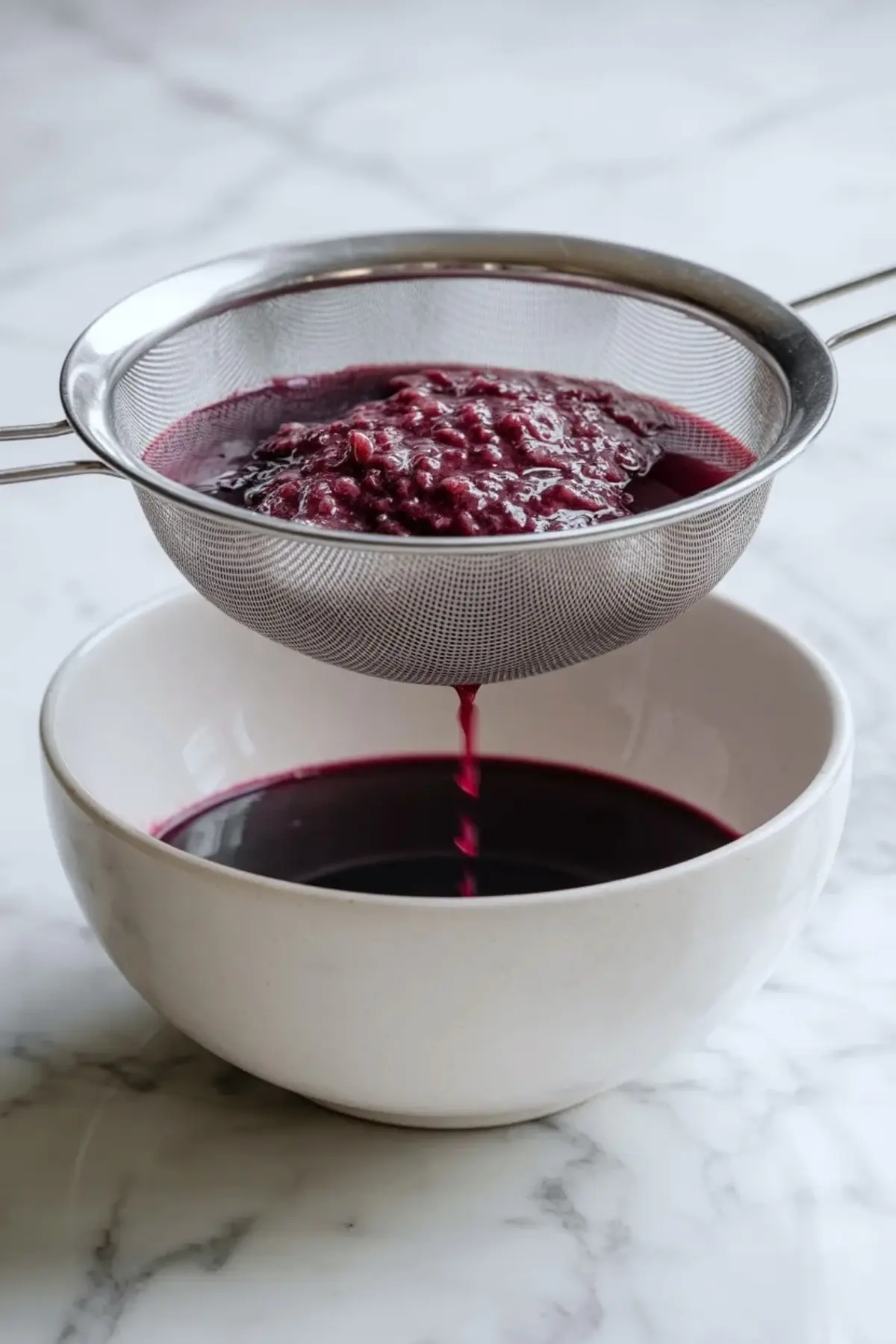 Cooked grape mixture being strained through a fine mesh sieve into a bowl to make a smooth grape ice cream base.