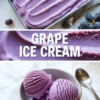 Collage showing homemade grape ice cream in a loaf pan above and two scoops of grape ice cream in a bowl below.