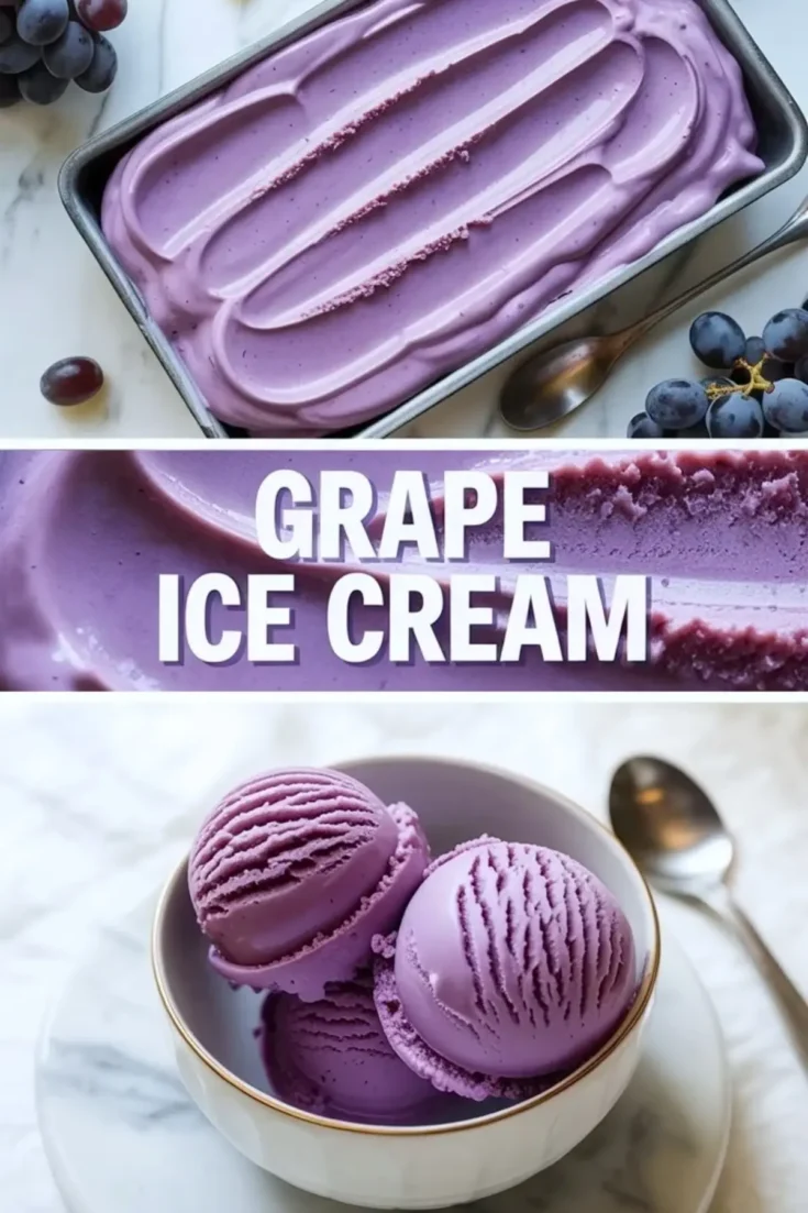 Collage showing homemade grape ice cream in a loaf pan above and two scoops of grape ice cream in a bowl below.