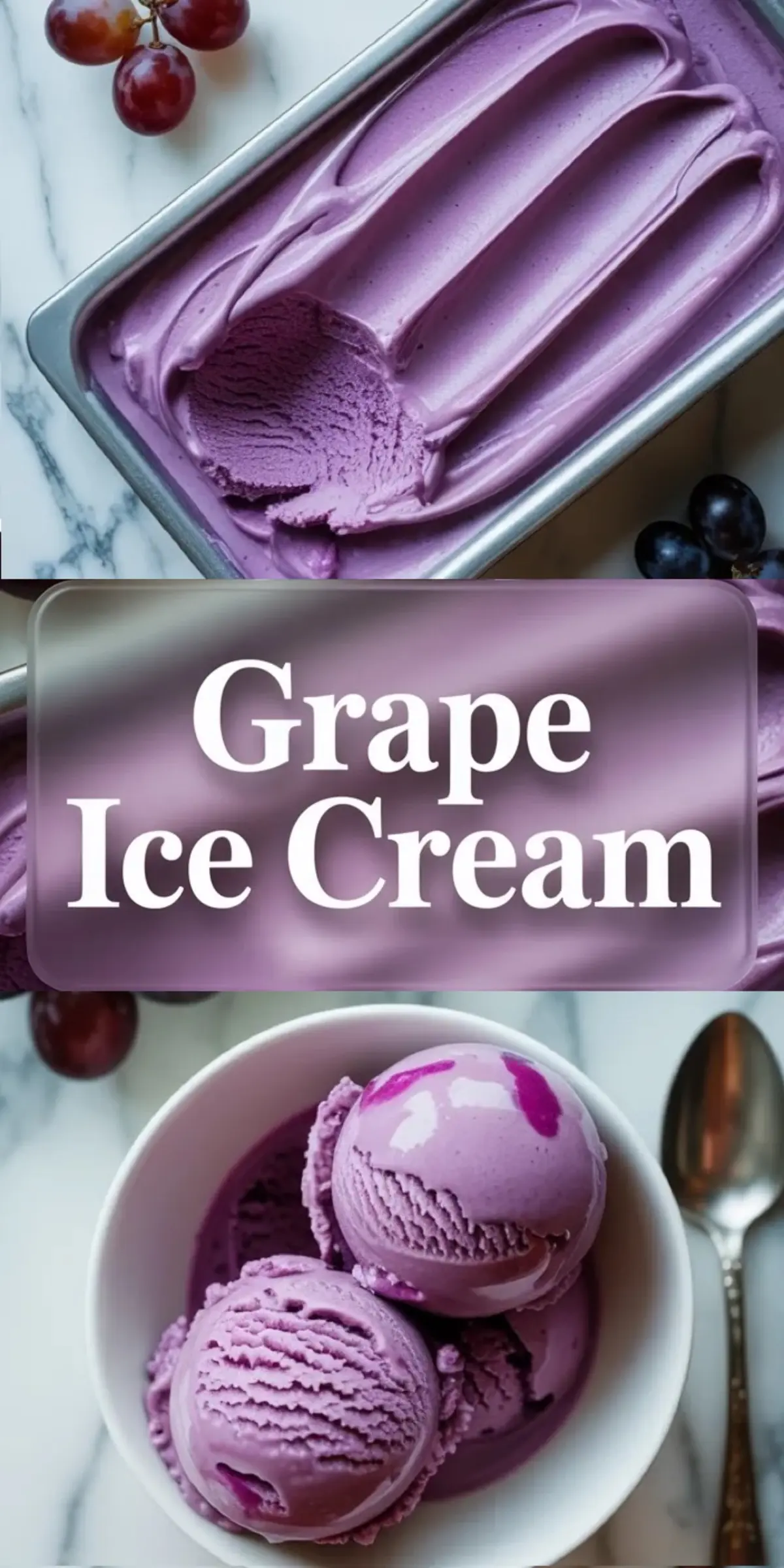 Loaf pan of homemade grape ice cream with one scoop lifted out, showing the creamy texture and natural purple color.
