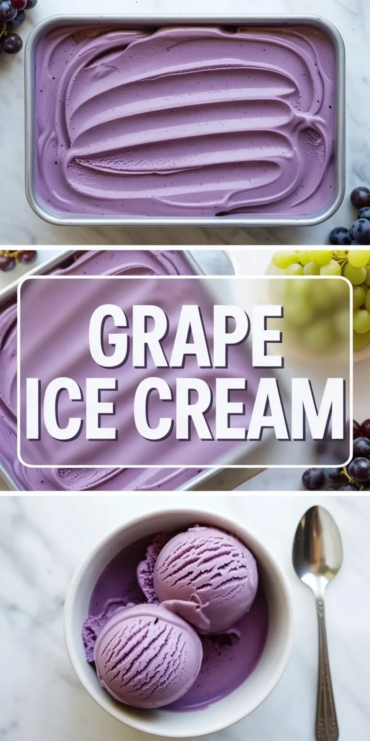 Collage of grape ice cream in a loaf pan above and scoops of creamy grape ice cream in a bowl below.