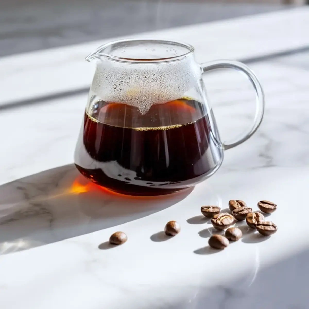 Glass coffee server holds dark homemade coffee syrup on a white marble countertop with scattered roasted coffee beans and soft natural light, food photography of DIY coffee syrup ingredient for iced coffee, latte, and homemade coffee drinks.