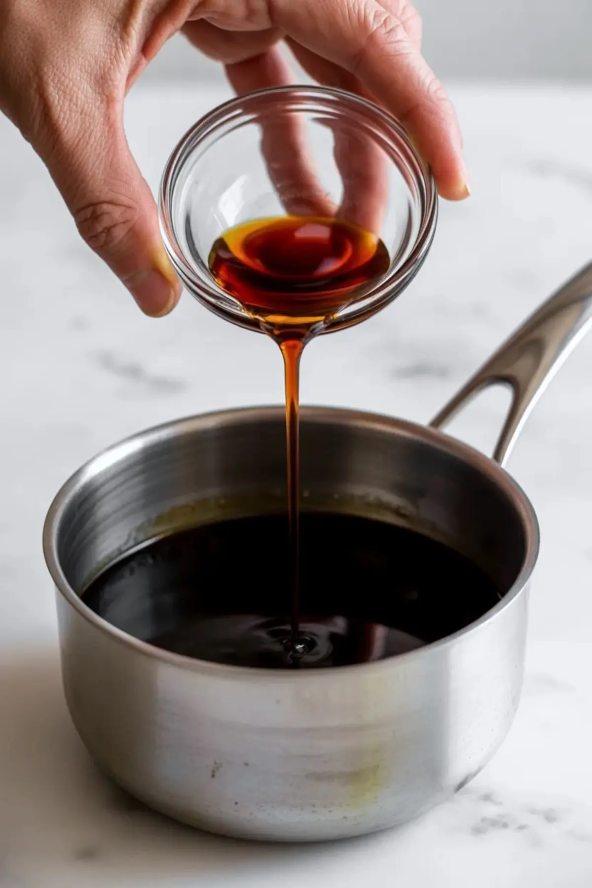 Hand pours thick homemade coffee syrup from a small glass bowl into a stainless steel saucepan, step of cooking coffee syrup on a kitchen counter for DIY coffee sweetener used in iced coffee and latte recipes.