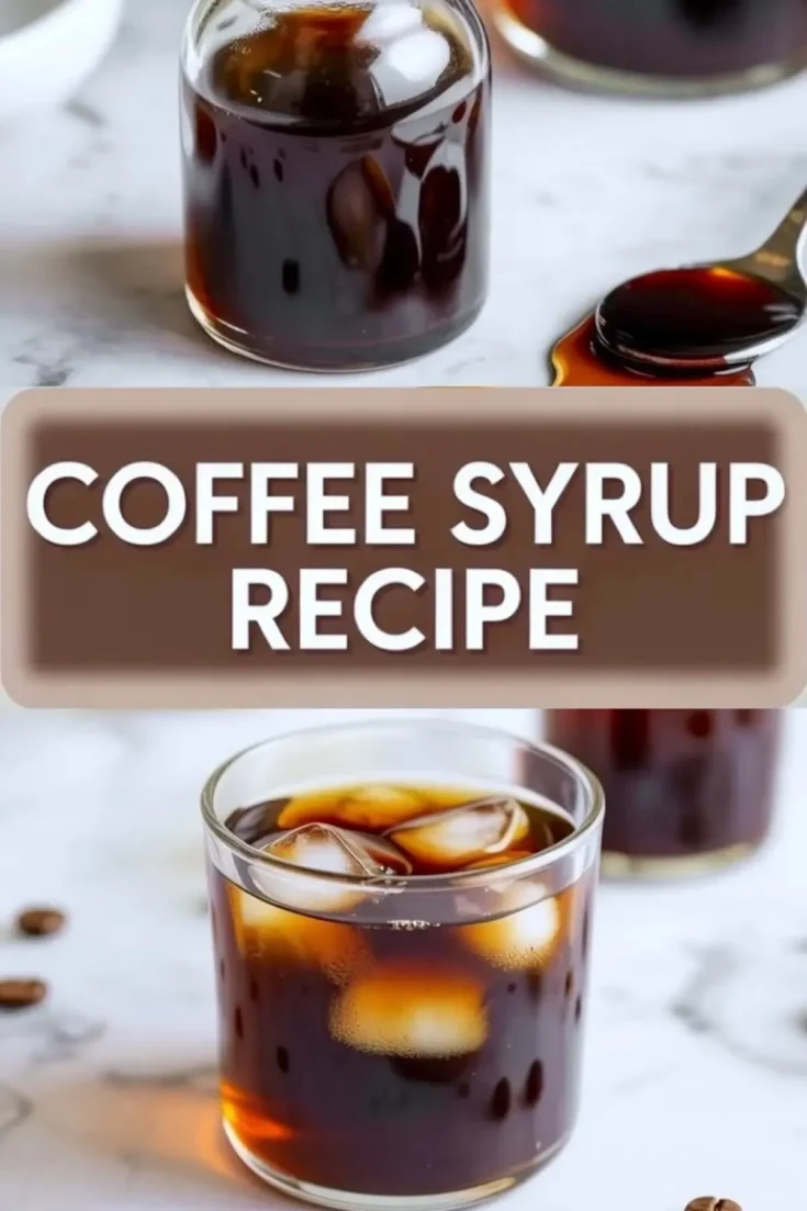 Vertical collage shows glass jar of homemade coffee syrup with spoon and syrup drip, center banner text Coffee Syrup Recipe, and short glass of iced coffee with ice cubes on a marble surface with coffee beans.