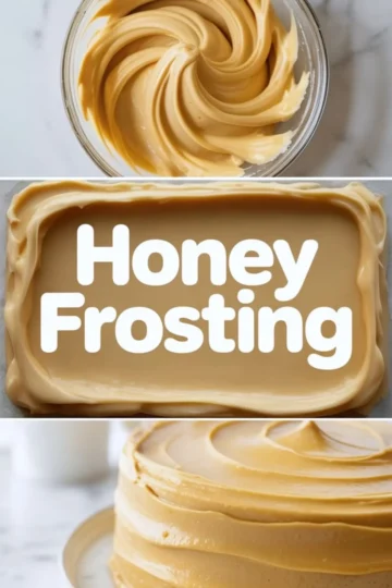 Vertical collage shows a bowl of whipped honey buttercream with smooth swirls, bold text that reads “Honey Frosting,” and a frosted layer cake with creamy honey frosting spread in even layers. Image highlights homemade honey frosting recipe and cake decorating ideas.