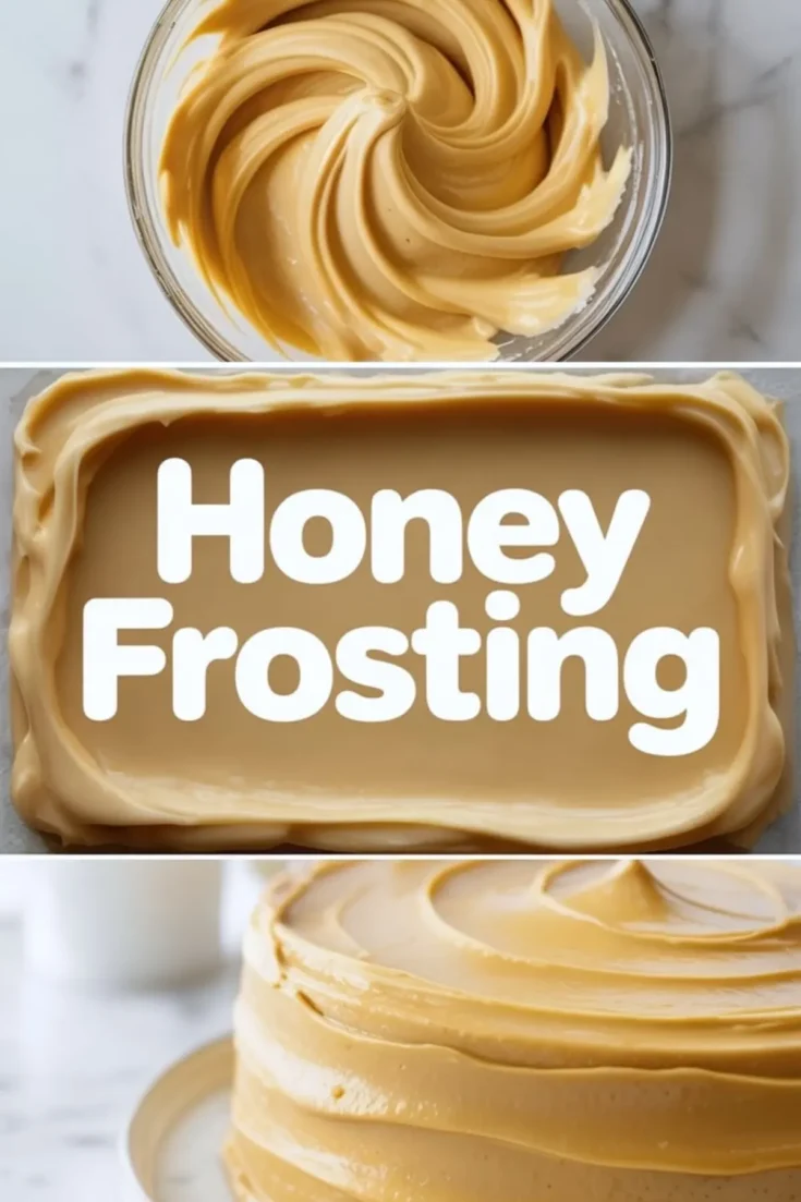 Vertical collage shows a bowl of whipped honey buttercream with smooth swirls, bold text that reads “Honey Frosting,” and a frosted layer cake with creamy honey frosting spread in even layers. Image highlights homemade honey frosting recipe and cake decorating ideas.