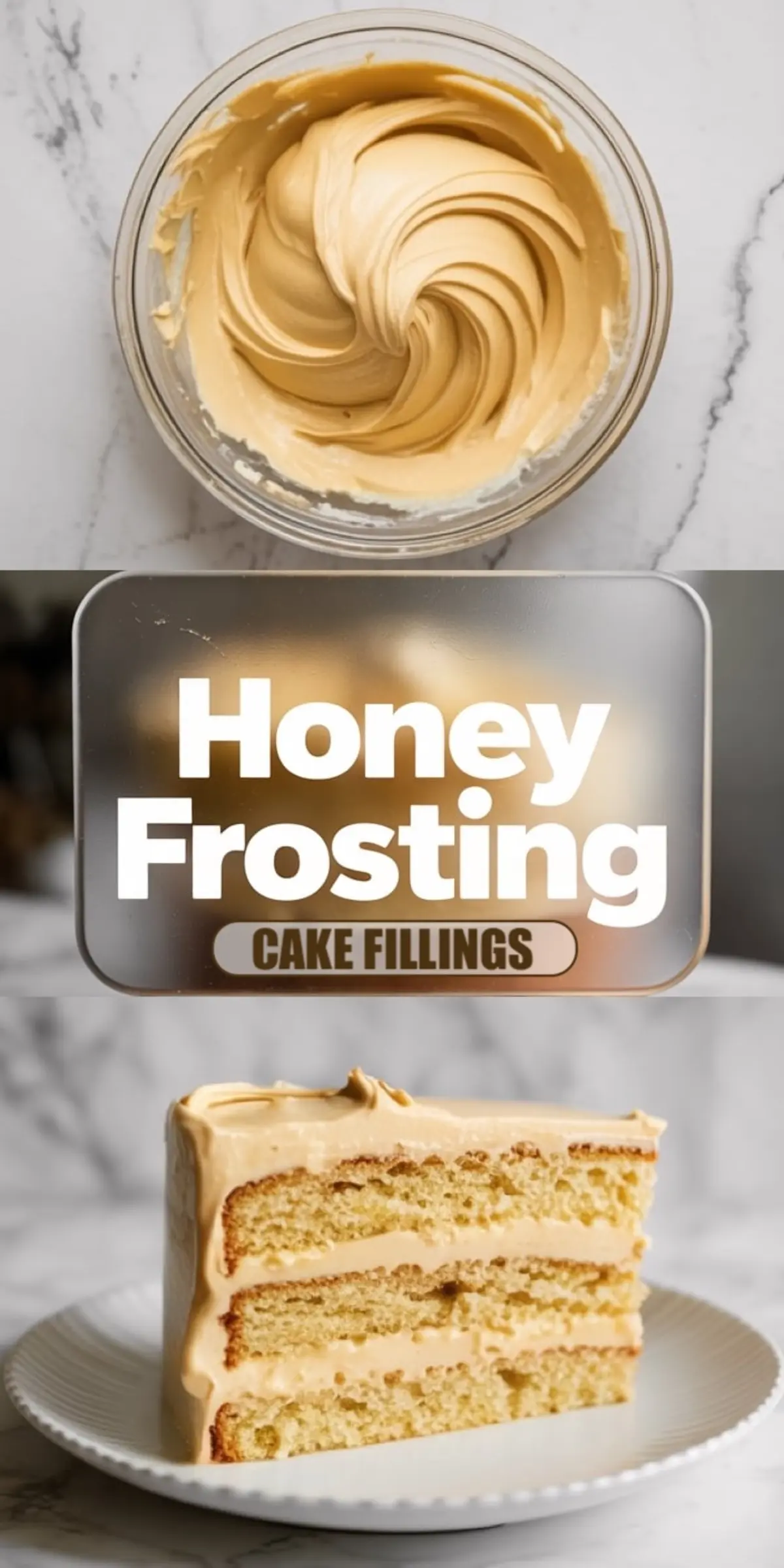 Two glass bowls sit on a marble surface, one filled with creamy honey frosting and one with white frosting. Honey frosting shows a soft peak and glossy texture, suitable for cake decorating and dessert fillings.

