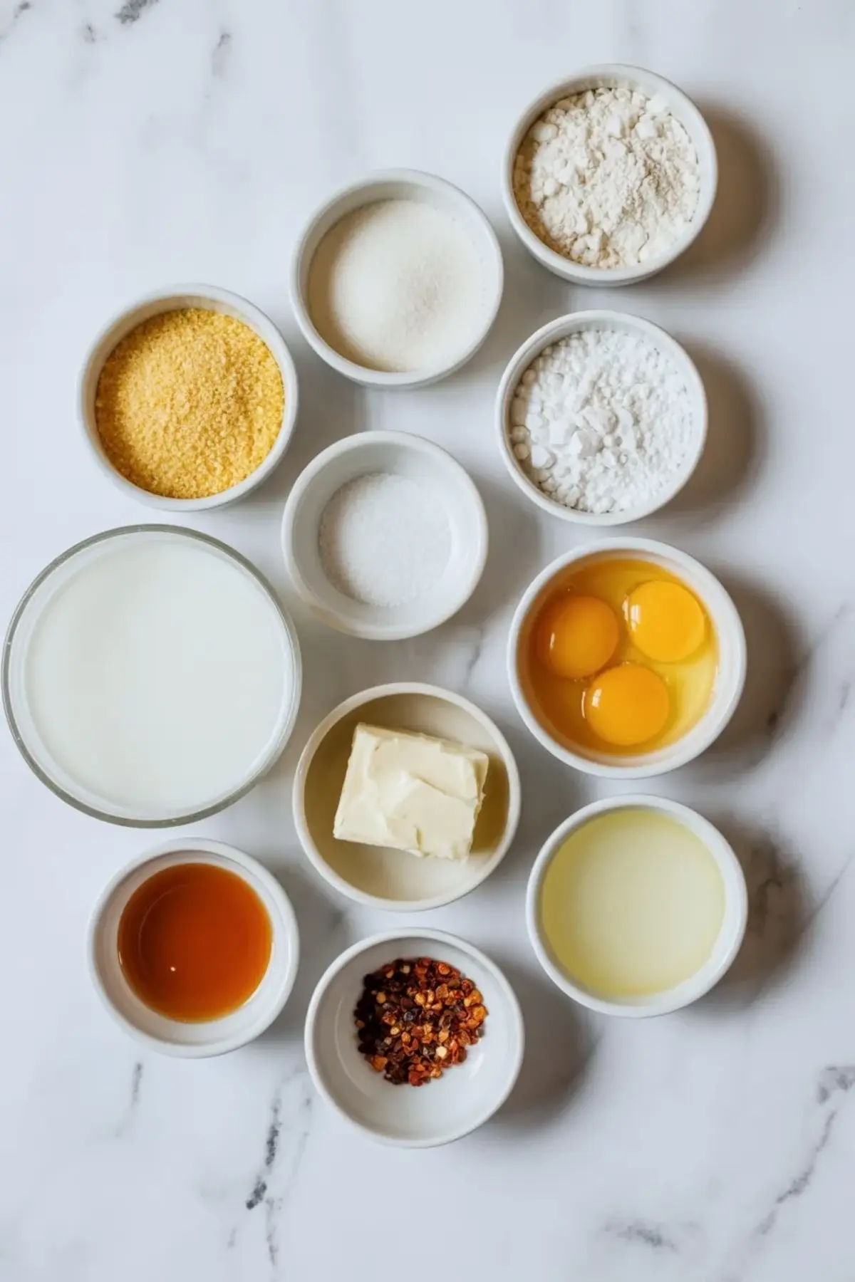 Measured ingredients for honey cornbread muffins sit arranged on a marble surface, including cornmeal, flour, eggs, milk, butter, honey, and seasonings.