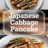 Japanese cabbage pancake okonomiyaki sits on a white plate with dark okonomiyaki sauce, creamy Japanese mayonnaise drizzle, green onions, and bonito flakes, while a second view shows a sliced wedge that reveals layered cabbage pancake texture.