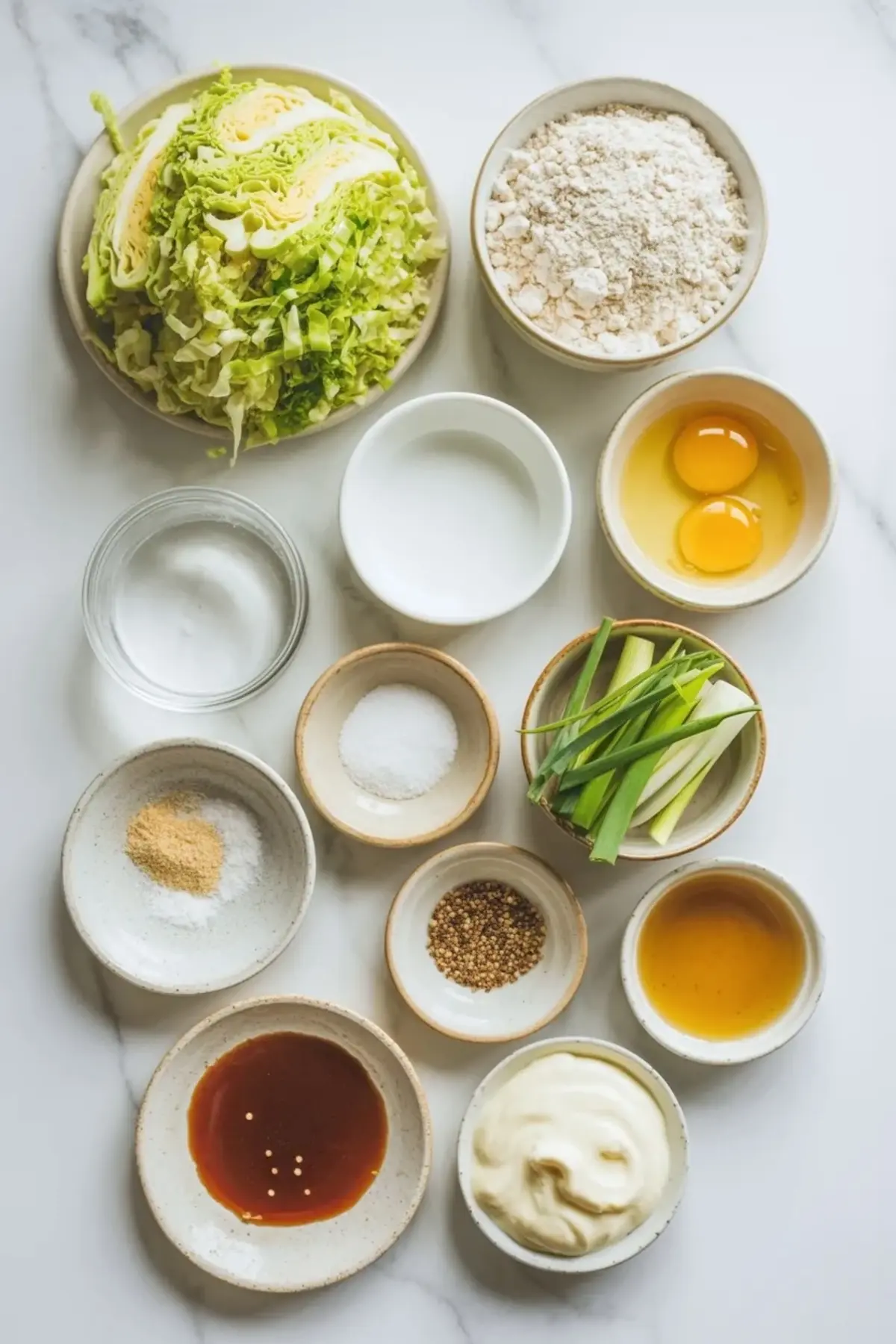 Japanese cabbage pancake ingredients sit in small bowls including chopped cabbage flour eggs green onions oil soy style sauce mayonnaise seasoning and vinegar on a light marble surface.