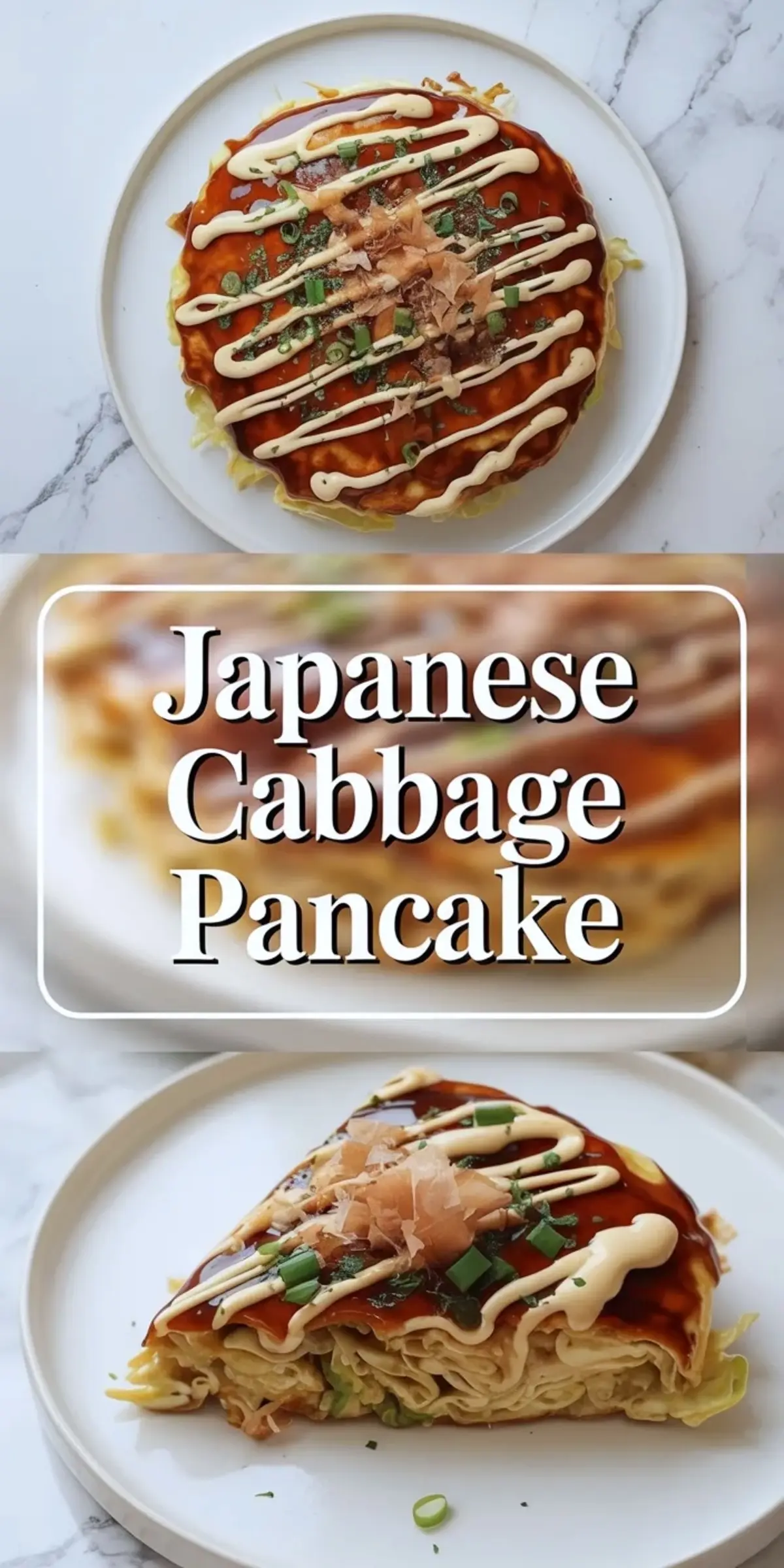 Japanese cabbage pancake okonomiyaki with glossy savory sauce mayonnaise drizzle chopped green onions and bonito flakes appears whole on a plate and sliced to show soft cabbage filled pancake layers.