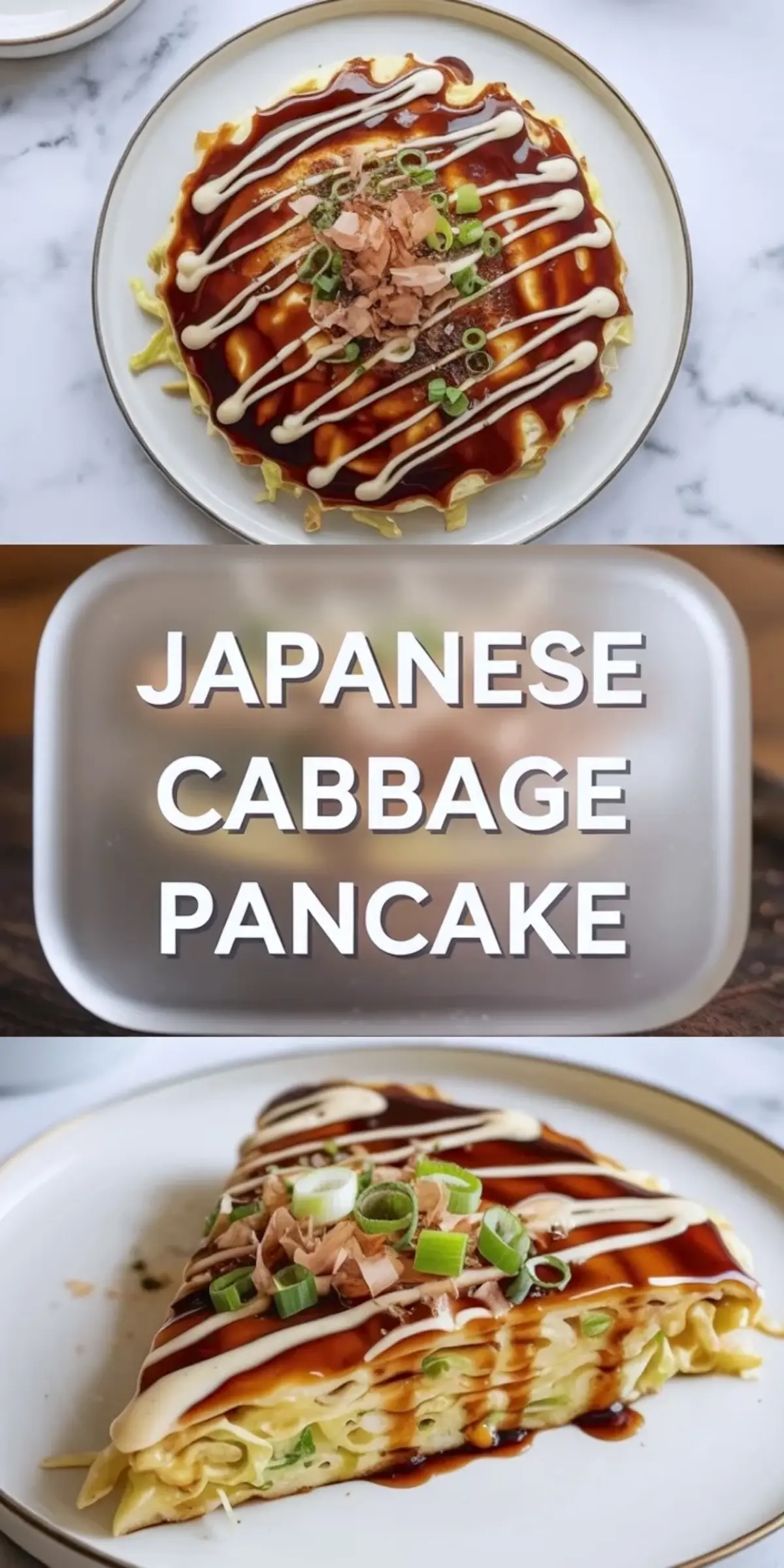 Japanese cabbage pancake okonomiyaki covered with dark sweet savory sauce and Japanese mayonnaise sits on a white plate with green onion garnish and a sliced wedge that shows tender cabbage pancake layers.