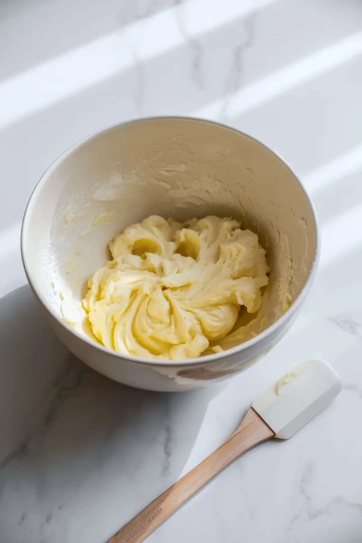 Butter and sugar creamed together in a mixing bowl for lavender sour cream cookies.