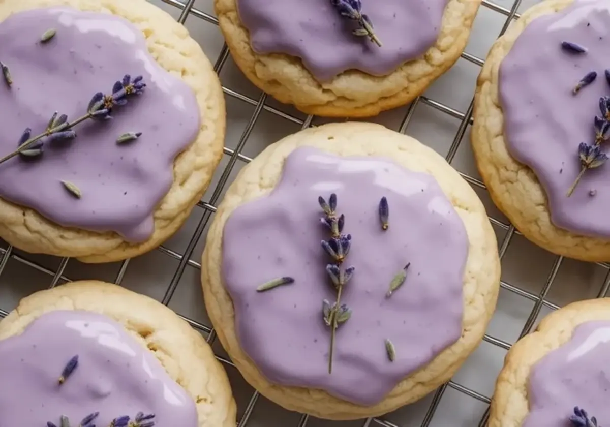 Lavender sour cream cookies with pale purple glaze cooling on a wire rack and topped with dried lavender buds.