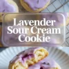 Collage of lavender sour cream cookies showing glazed cookies and a broken cookie with a soft tender center.
