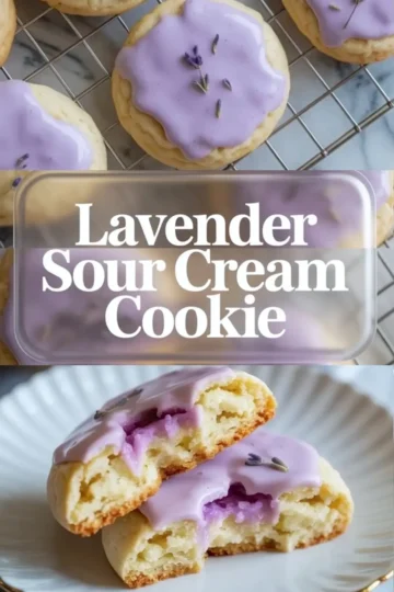 Collage of lavender sour cream cookies showing glazed cookies and a broken cookie with a soft tender center.