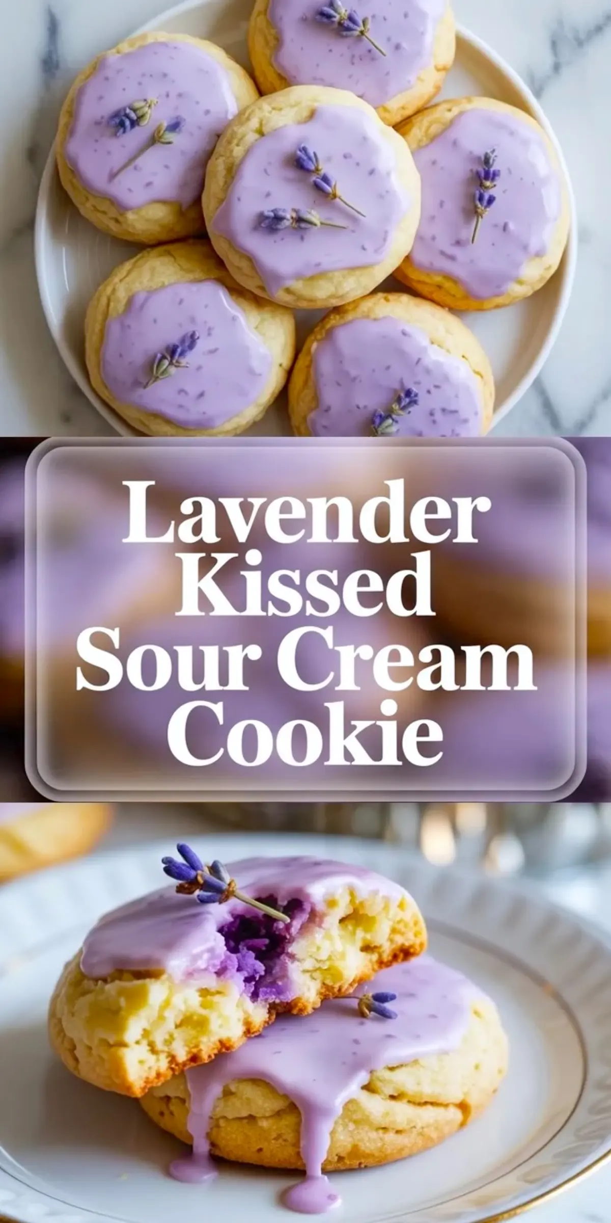 Collage of lavender sour cream cookies showing glazed cookies on a plate and a broken cookie with lavender glaze inside.