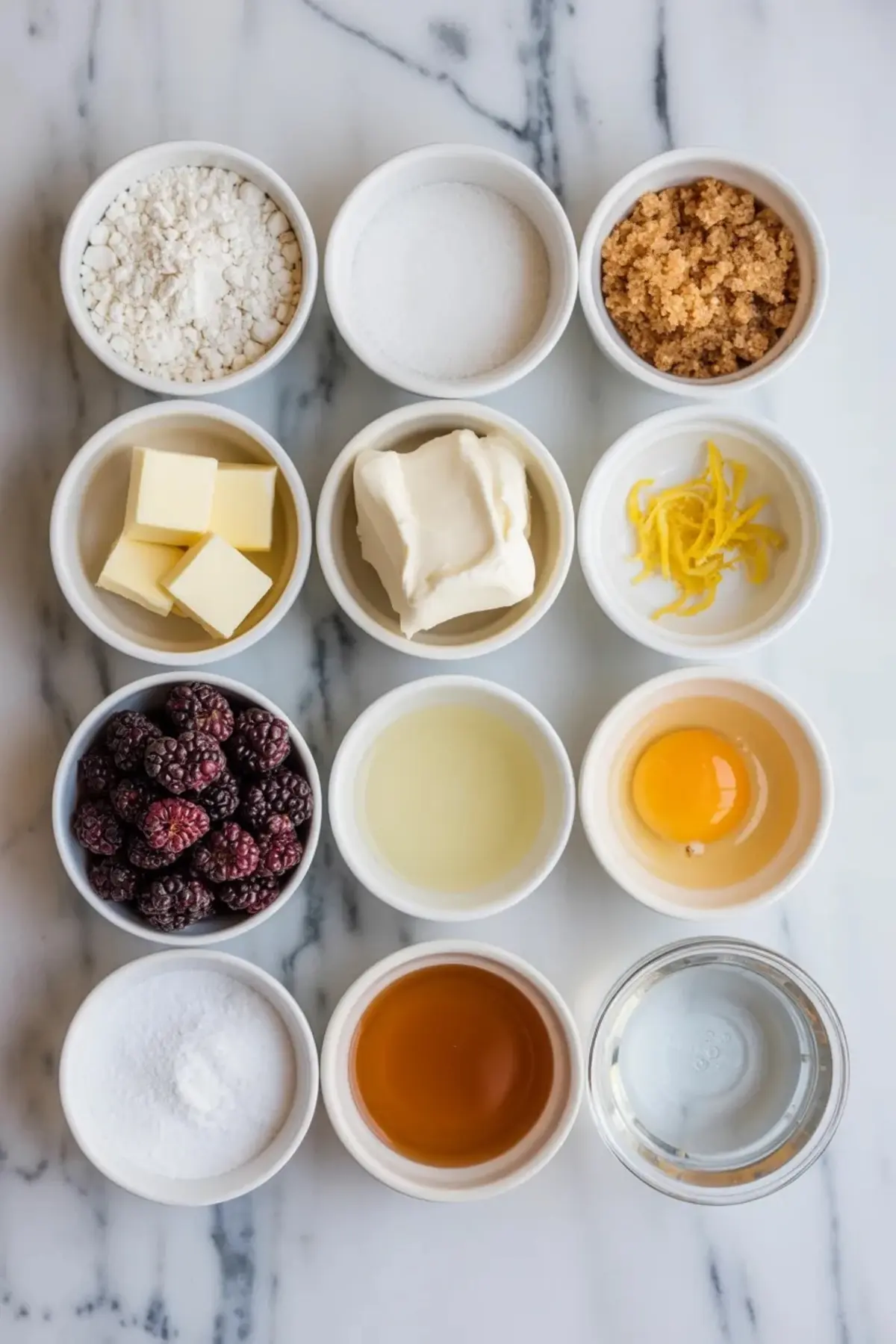 Ingredients for lemon mulberry crumble bars arranged on white marble with flour, sugars, butter, cream cheese, egg, mulberries, lemon juice, zest, and water.