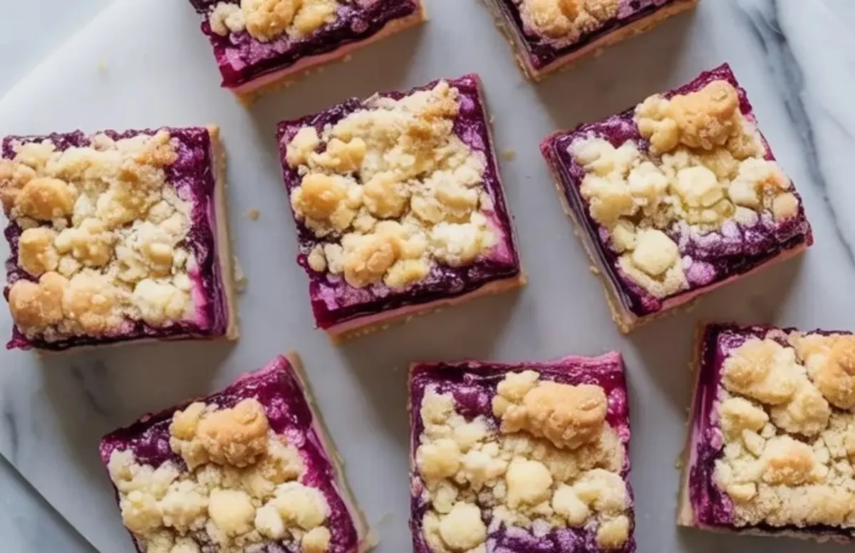 Top view of lemon mulberry crumble bars showing golden crumble topping and glossy purple mulberry filling.