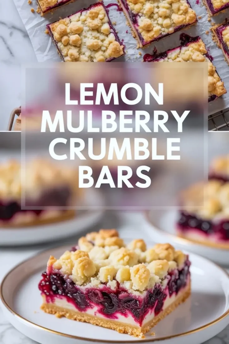 2:3 collage graphic of lemon mulberry crumble bars with a tray of bars and a plated slice.