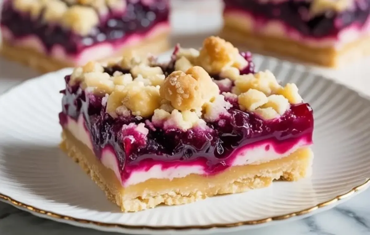 Plated lemon mulberry crumble bar showing buttery crust, creamy filling, and mulberry topping in close view.