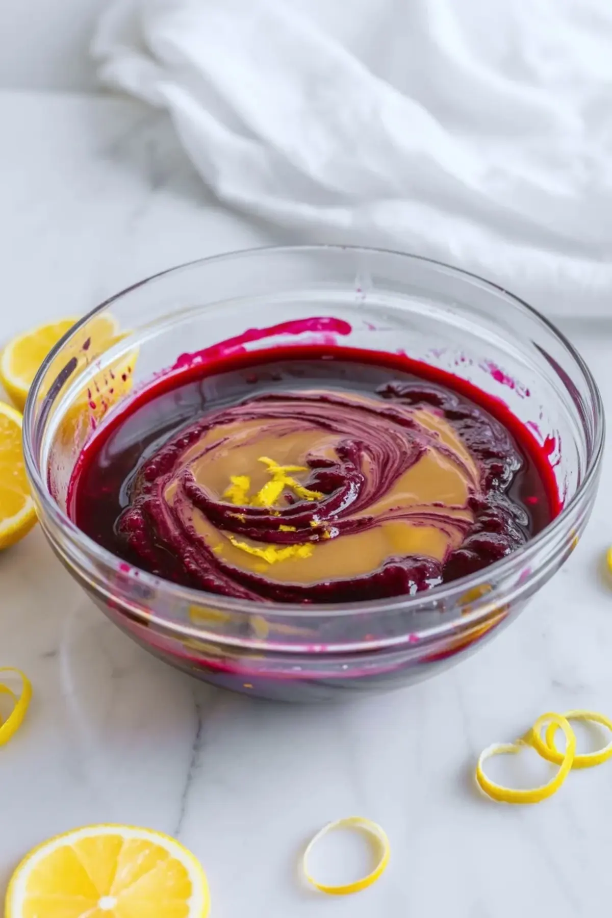 Mulberry and lemon sorbet base swirling with lemon zest in a glass bowl for lemon mulberry sorbet.