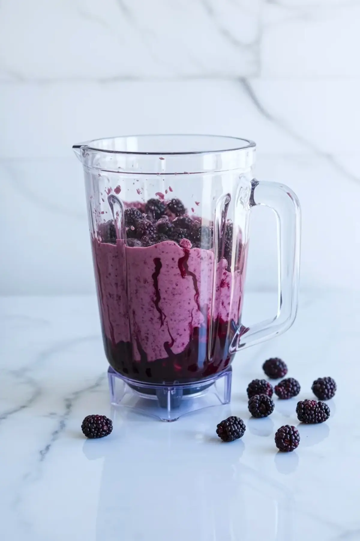 Mulberries blending into a deep purple sorbet base in a blender for lemon mulberry sorbet on a white marble surface.