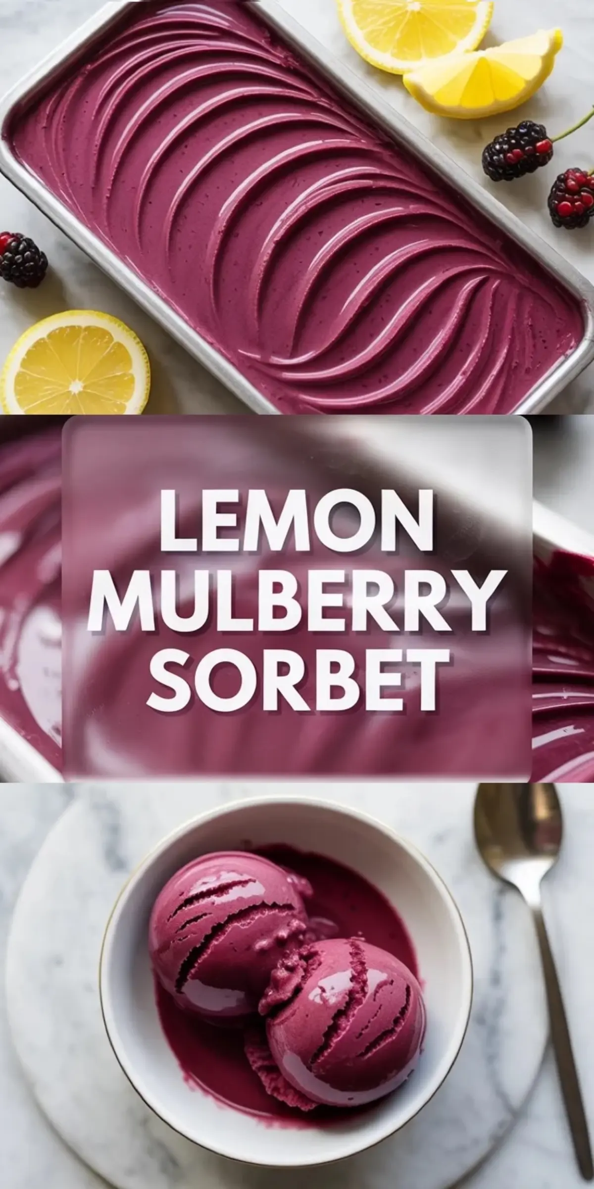 Lemon mulberry sorbet in a loaf pan with glossy smooth swirls, surrounded by lemon slices and fresh mulberries on white marble.