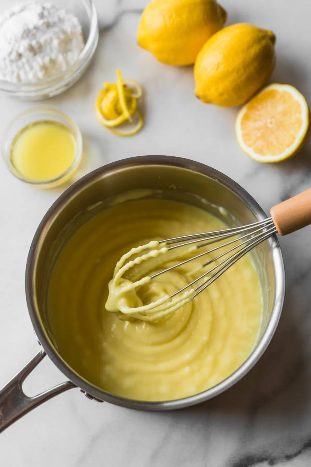 Small saucepan holds thick lemon curd mixture with whisk while fresh lemons lemon zest lemon juice and sugar sit on marble counter for lemon pudding cake sauce.
