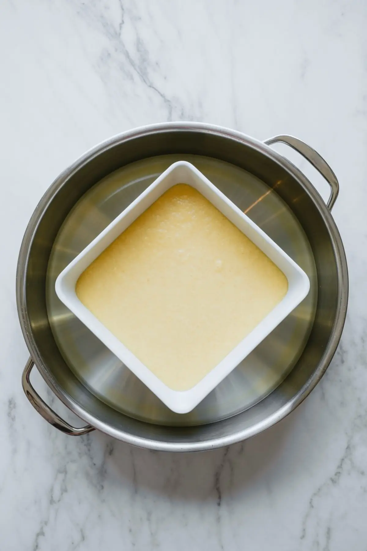 Square baking dish filled with lemon pudding cake batter sits inside water bath in large pot on marble surface before baking custard sponge dessert.
