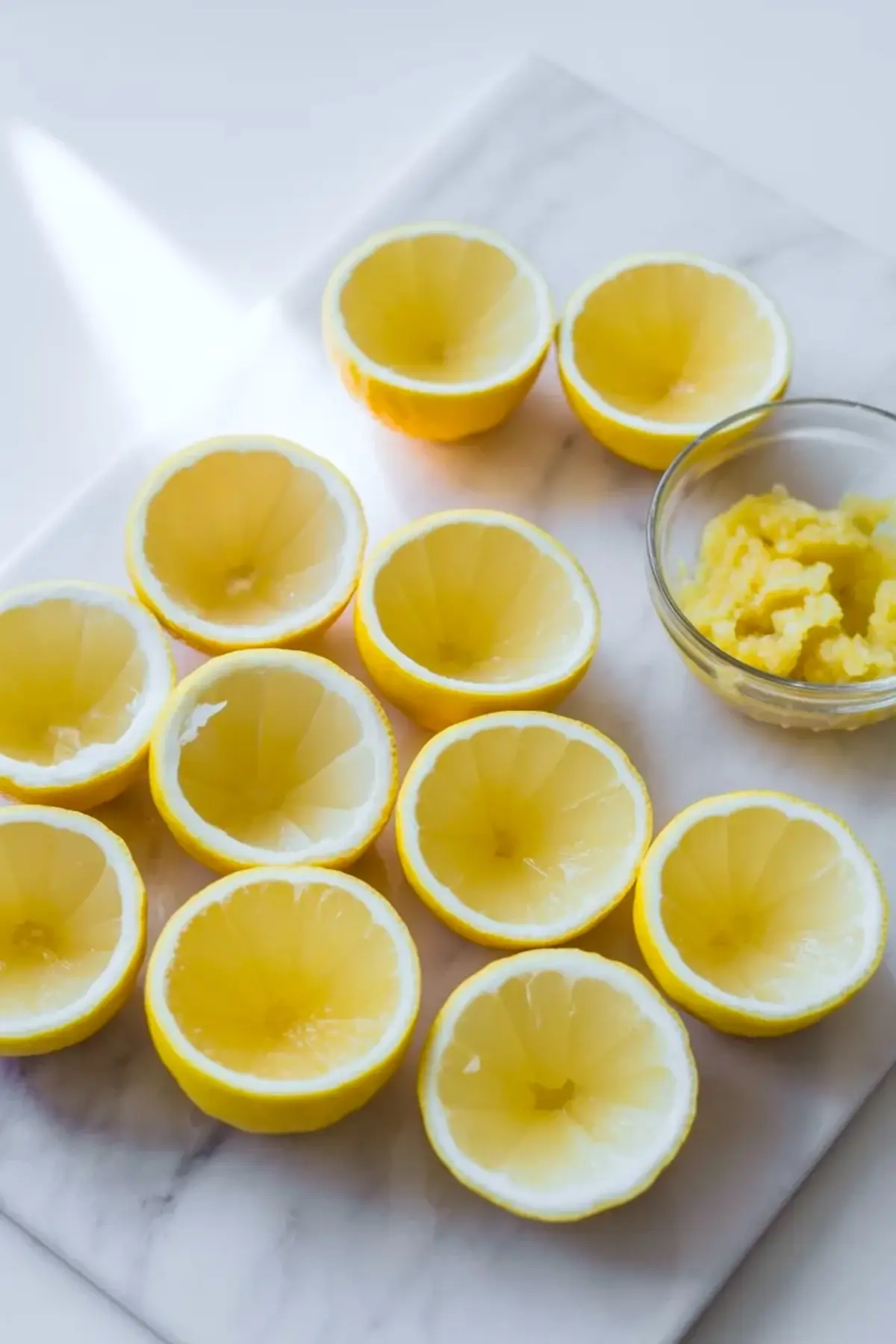 Hollowed lemon halves arranged on a marble board beside scooped lemon pulp for fresh lemon sorbet in lemon shells.