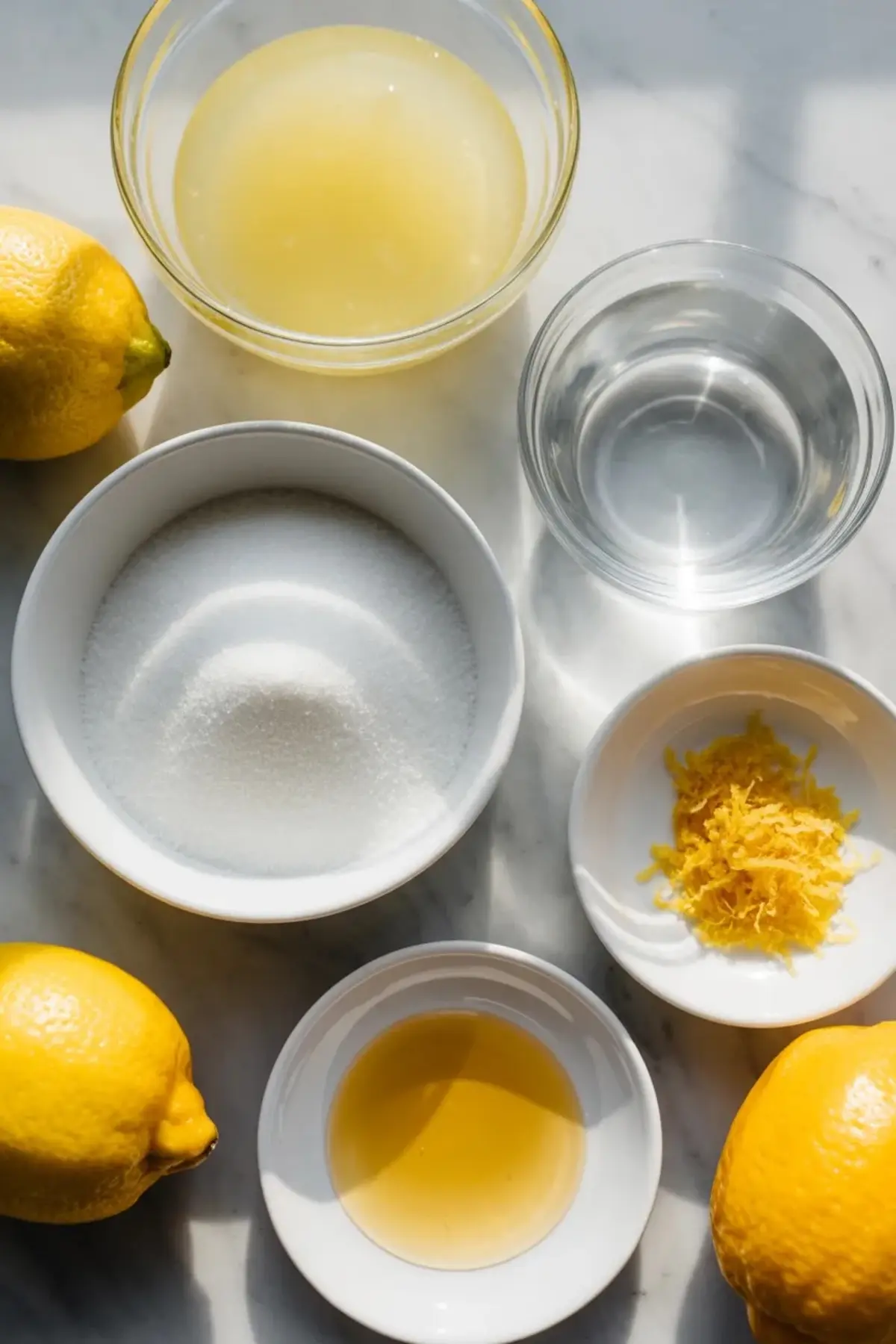 Ingredients for fresh lemon sorbet on white marble with lemons, sugar, water, lemon juice, zest, and honey.