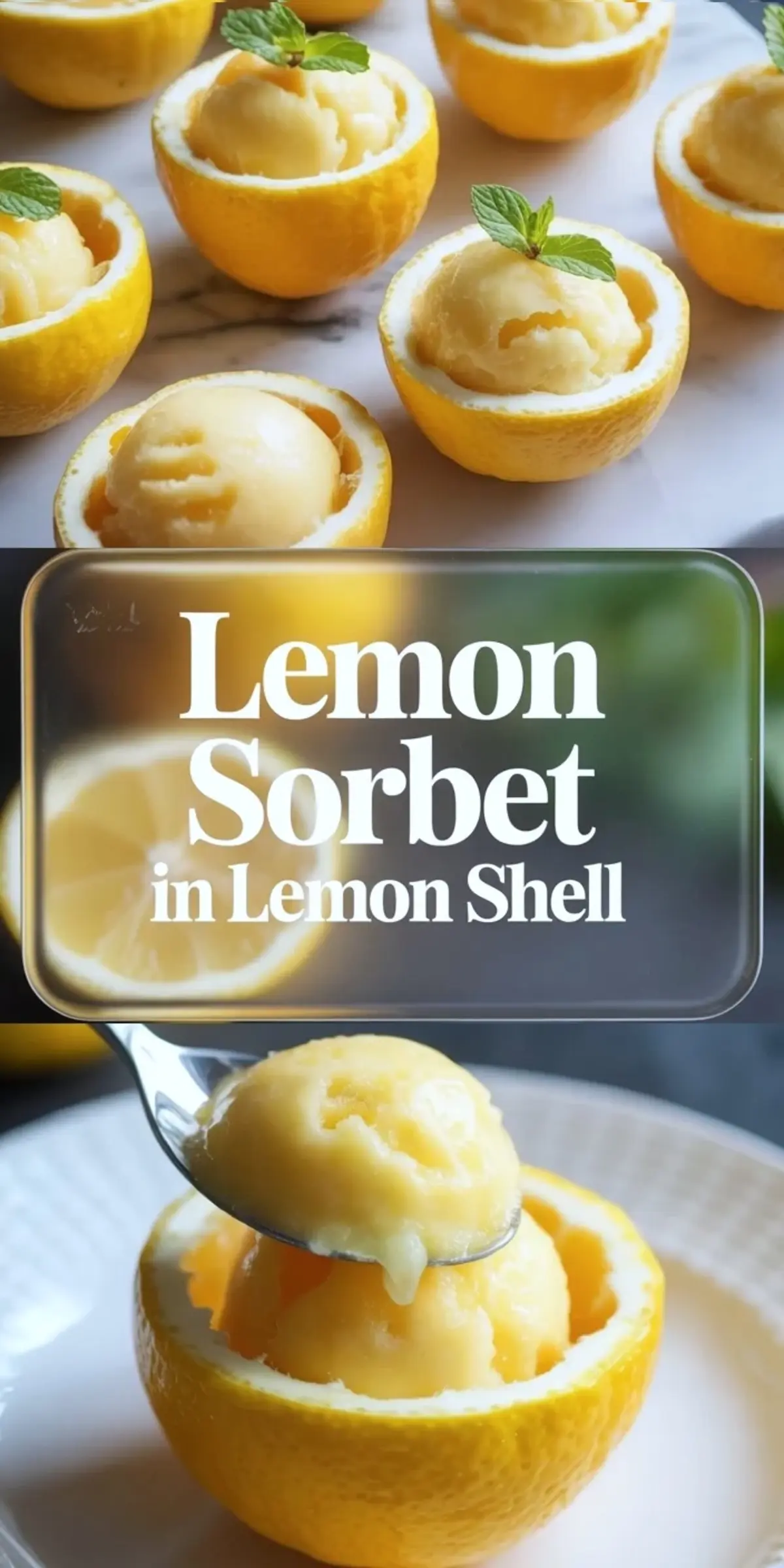 Collage graphic of fresh lemon sorbet in lemon shells with multiple lemon shell servings and a spoon lifting a scoop.