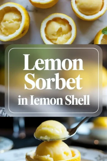 Fresh lemon sorbet served in lemon shells with smooth scoops and mint on a white marble background.
