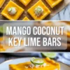 Glossy mango topping in a small saucepan for mango coconut key lime bars on a white marble surface.