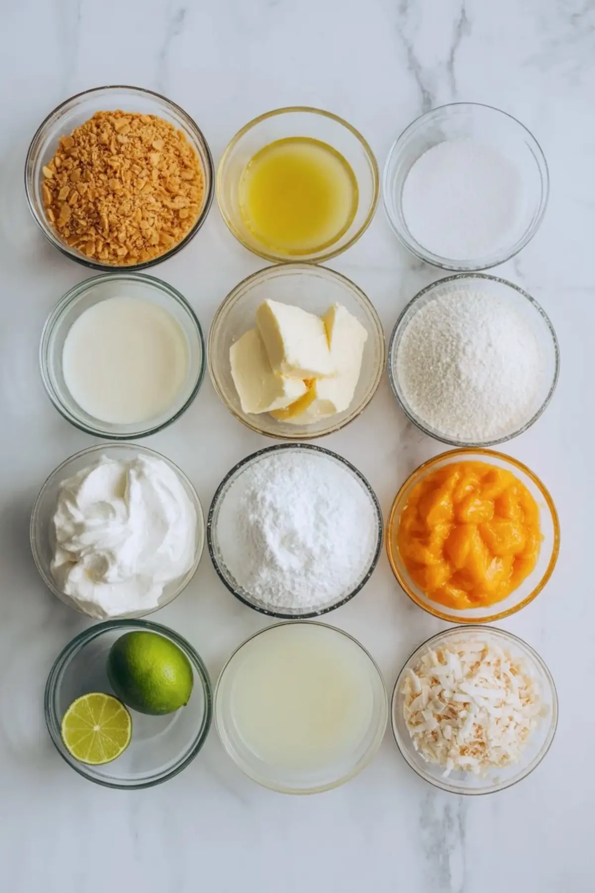 Crumb crust pressed into a pan for mango coconut key lime bars before the filling is added.