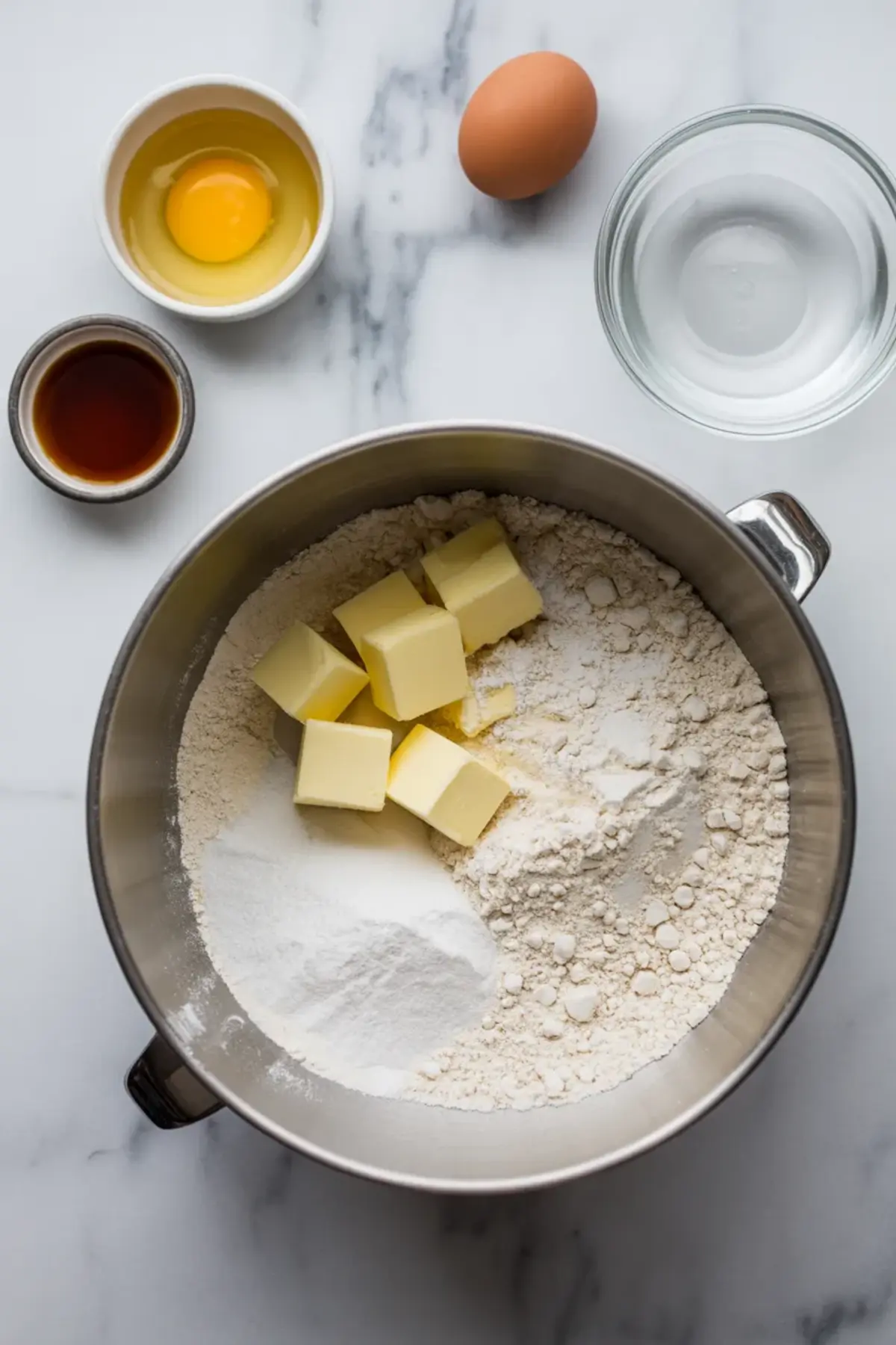 Mixing bowl holds flour, cubed butter, and sugar with small bowls of egg, vanilla extract, and water arranged on marble surface, showing measured baking ingredients for homemade tart crust, pastry dough recipe, and mango tart preparation process.