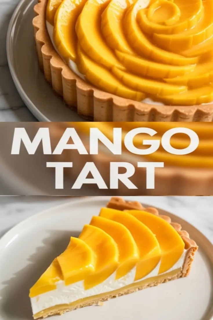 Close up mango tart sits on a plate with neatly fanned mango slices over thick cream filling inside a golden fluted pastry crust, highlighting glossy fruit texture, clean slice layers, and homemade mango dessert presentation for elegant summer baking.