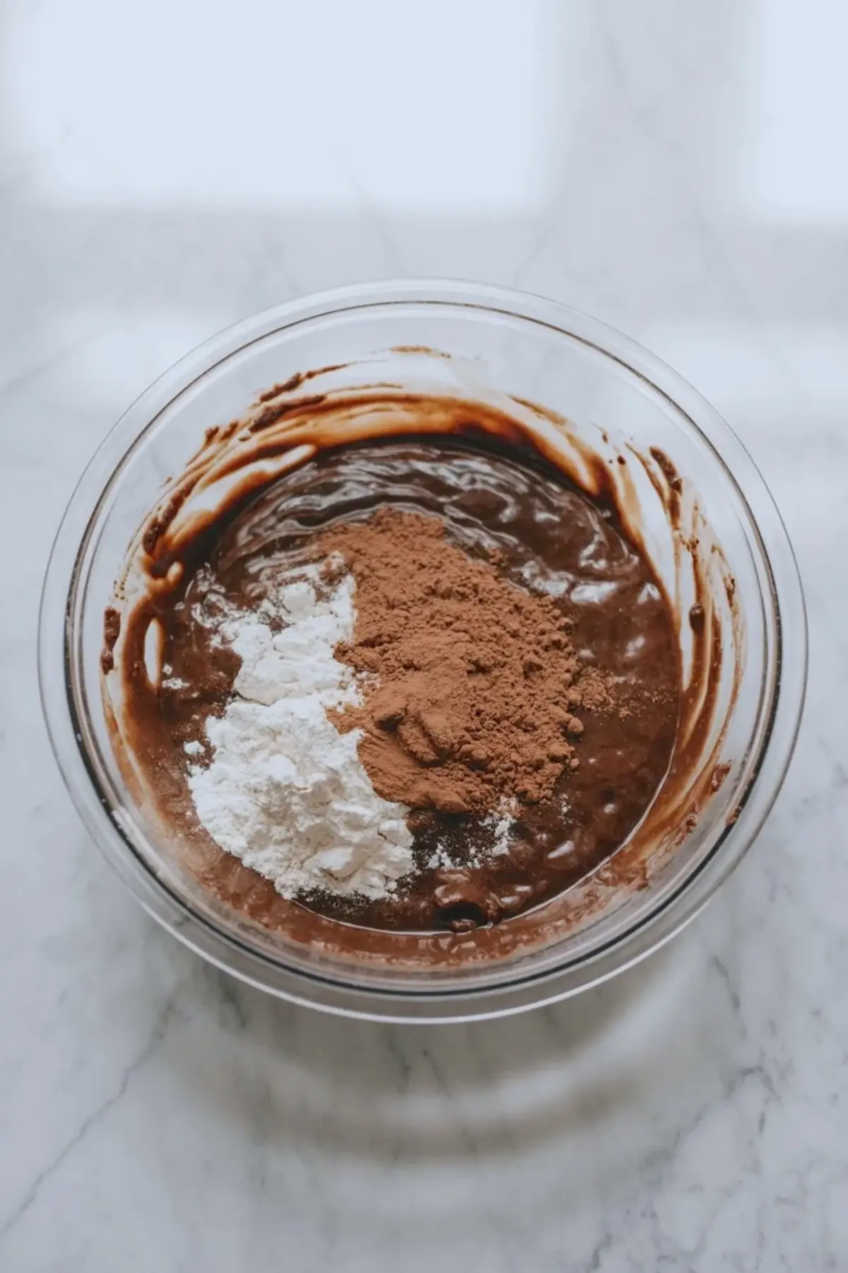 A bowl of brownie batter holds cocoa powder and flour before mixing, showing part of the chocolate mixture for marshmallow brownies.