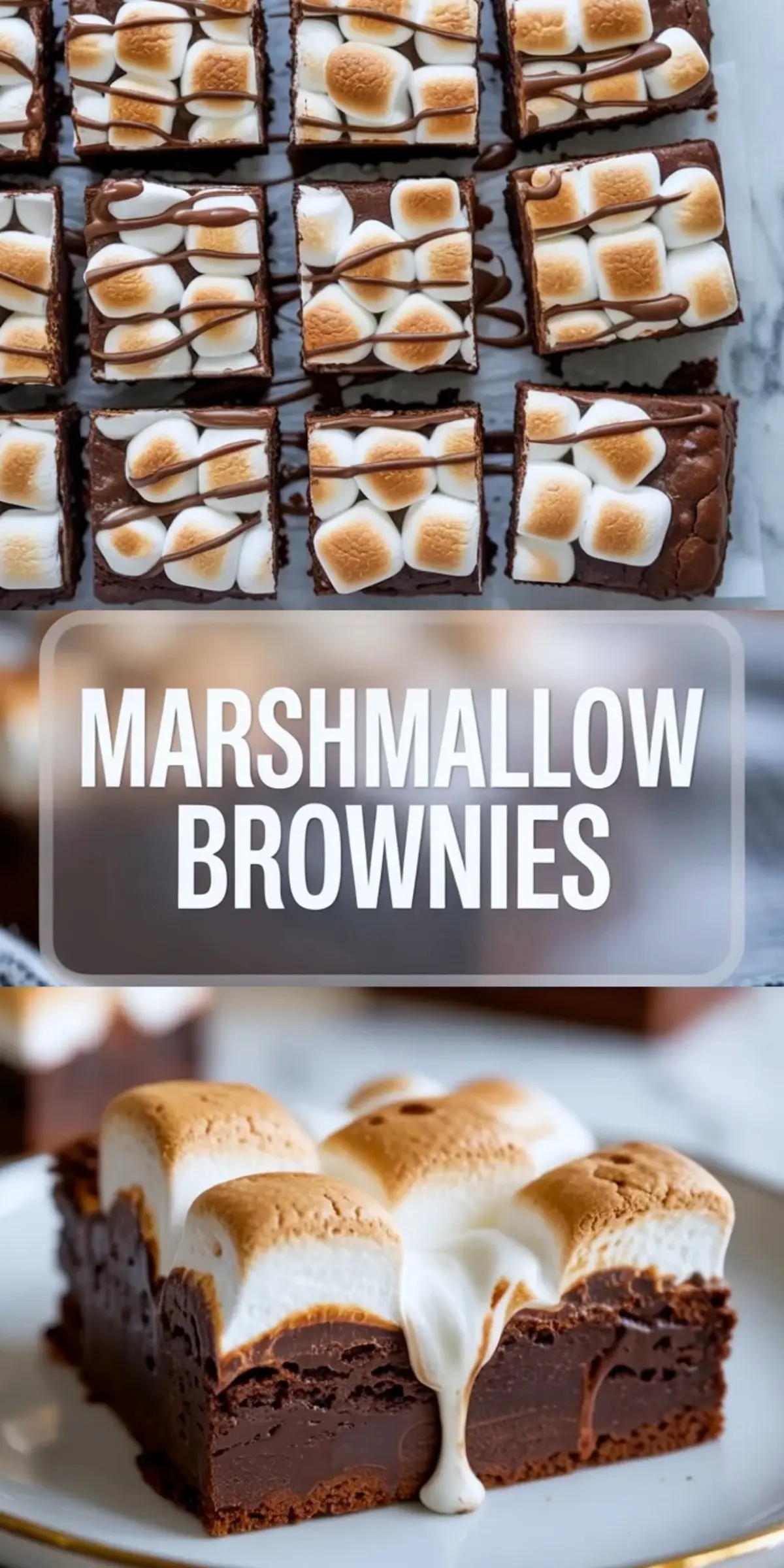 Collage of marshmallow brownies showing a full tray of brownie squares topped with toasted marshmallows and a plated brownie bar with gooey marshmallow and thick chocolate layers.