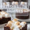 Measured ingredients for marshmallow brownies sit arranged on a marble surface, including eggs, cocoa powder, flour, chocolate chips, sugar, marshmallows, and syrup.