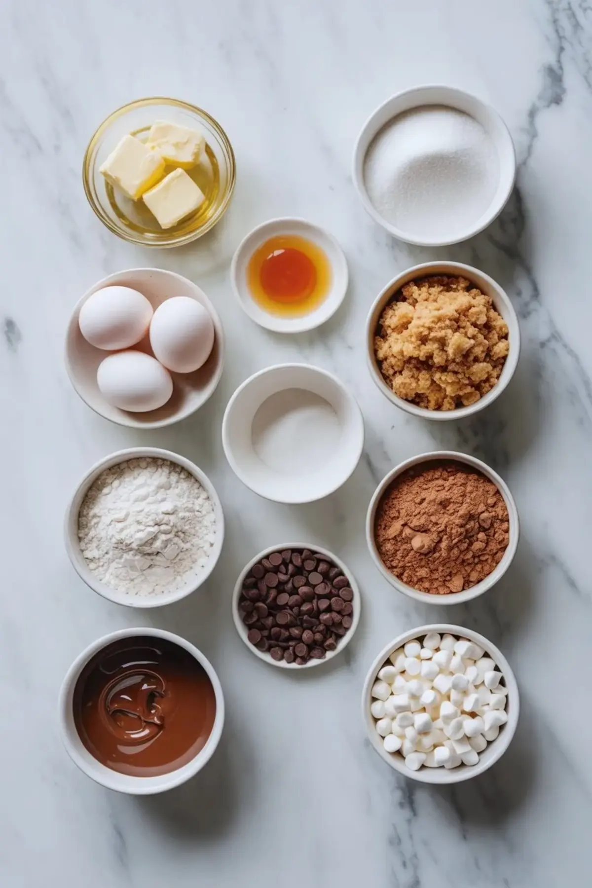 Collage of marshmallow brownies showing brownie squares on a cooling rack and a plated brownie bar with toasted marshmallows and glossy chocolate drizzle.