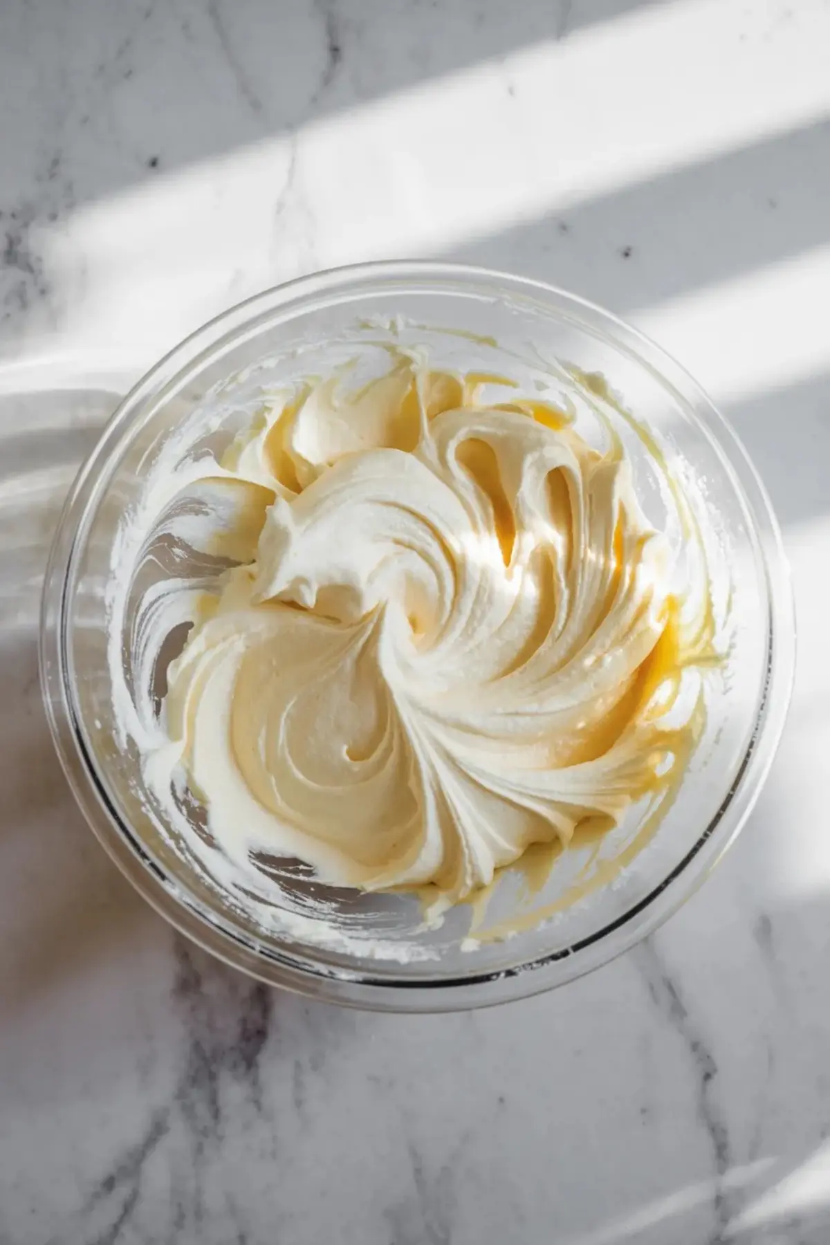 Glass bowl holds thick marshmallow buttercream frosting with soft yellow streaks from mixing on a marble surface with natural light shadows, showing creamy cake frosting texture.
