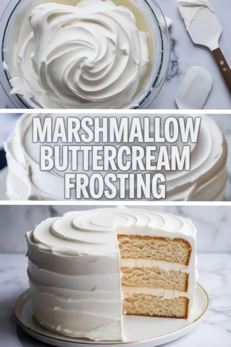 Vertical collage shows whipped marshmallow buttercream in a bowl with spatula, large text reading marshmallow buttercream frosting, and a sliced vanilla layer cake covered with smooth white buttercream frosting.