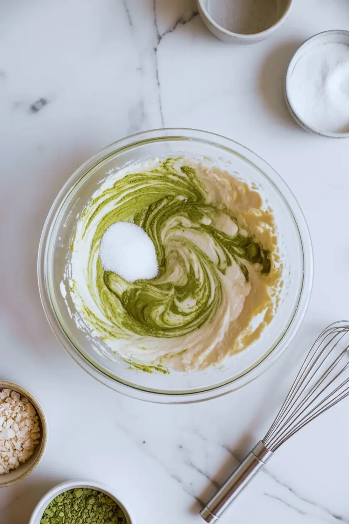 Glass mixing bowl shows matcha powder swirling into pale batter with sugar on top while a metal whisk and small ingredient bowls sit on a marble surface during matcha mochi dough preparation.
