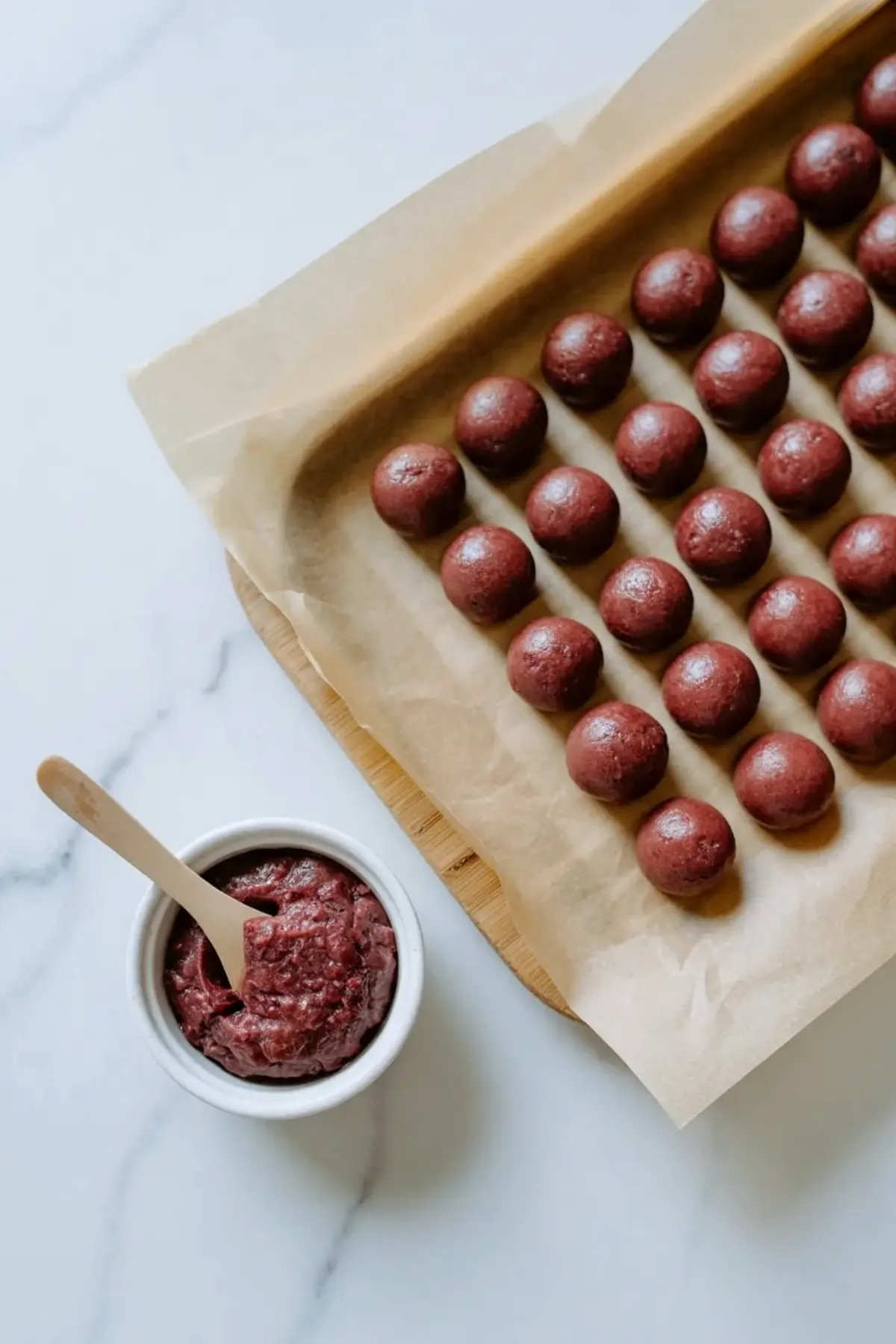 Baking tray lined with parchment paper holds rows of smooth red bean paste balls while a small bowl of chunky red bean filling with spoon sits nearby, showing portioned anko filling for mochi.
