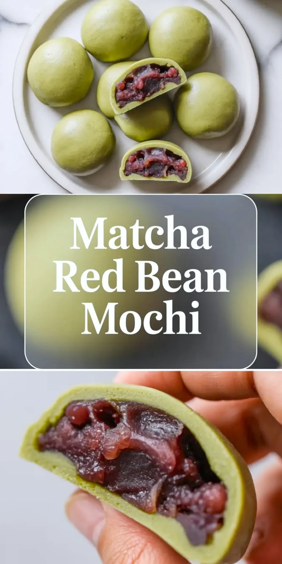 Collage image shows a plate of round matcha mochi with cut pieces revealing red bean filling, center text that reads matcha red bean mochi, and a hand holding a bitten mochi that shows soft green mochi dough and chunky azuki paste.
