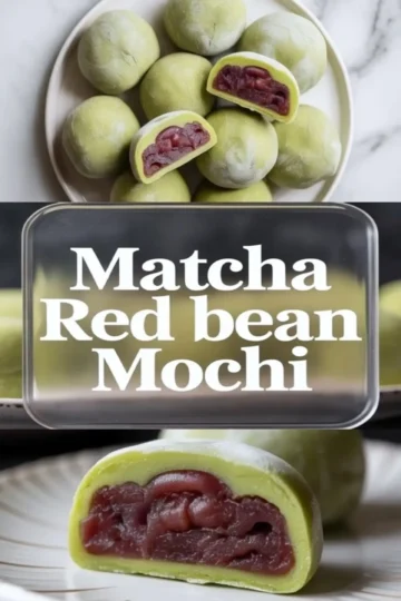 Collage image shows a plate filled with green matcha mochi with two cut pieces showing red bean paste, large center title text that reads matcha red bean mochi, and a close sliced mochi that reveals thick sweet azuki filling.